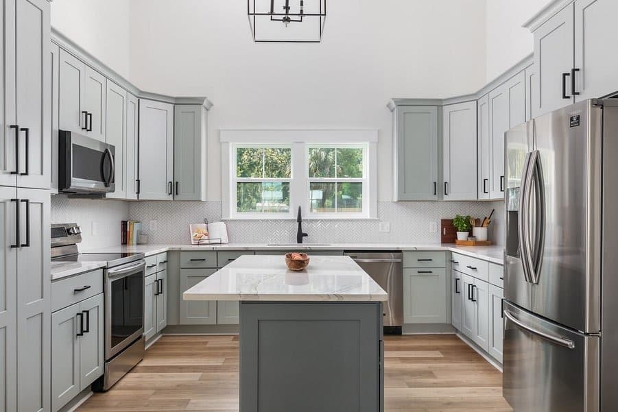 14. Pale Gray Cabinets in a Classic Family Layout - kitchen cabinet color ideas