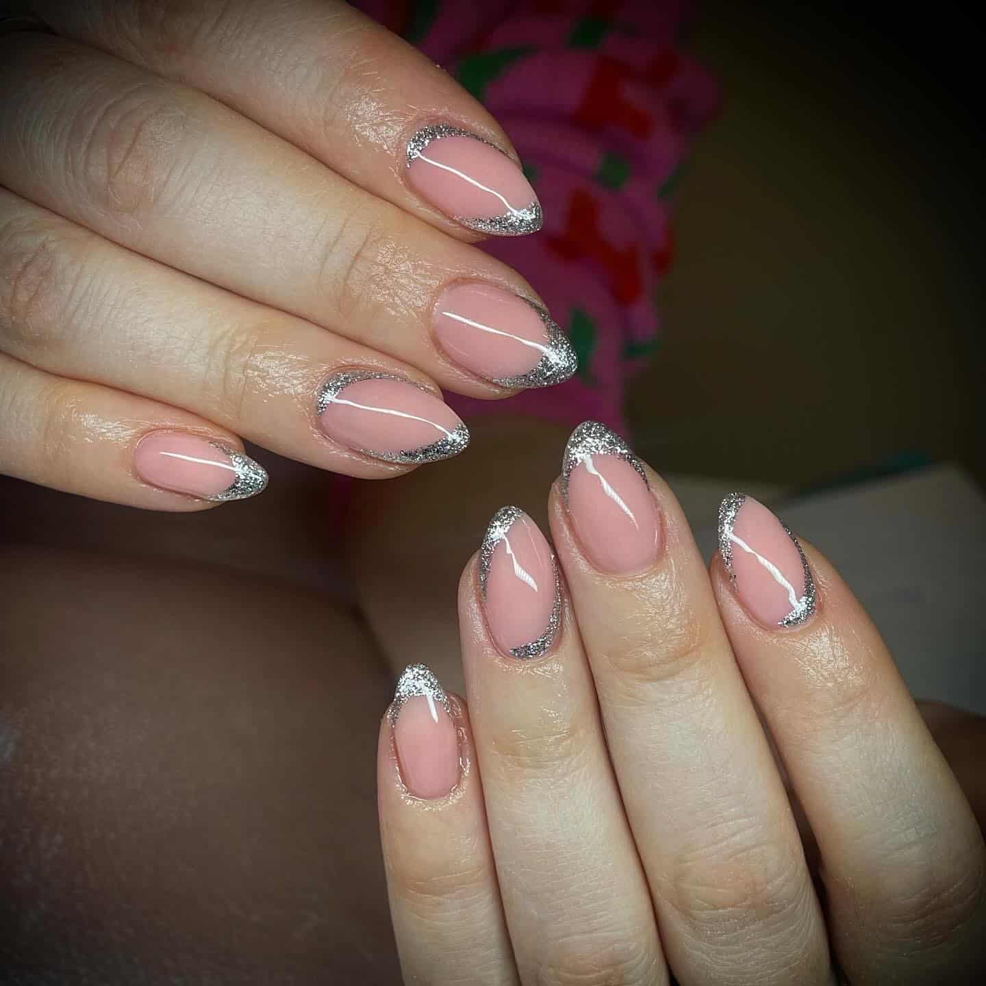 3. Almond Pink Nails with Silver Glitter Framing - silver glitter nail ideas