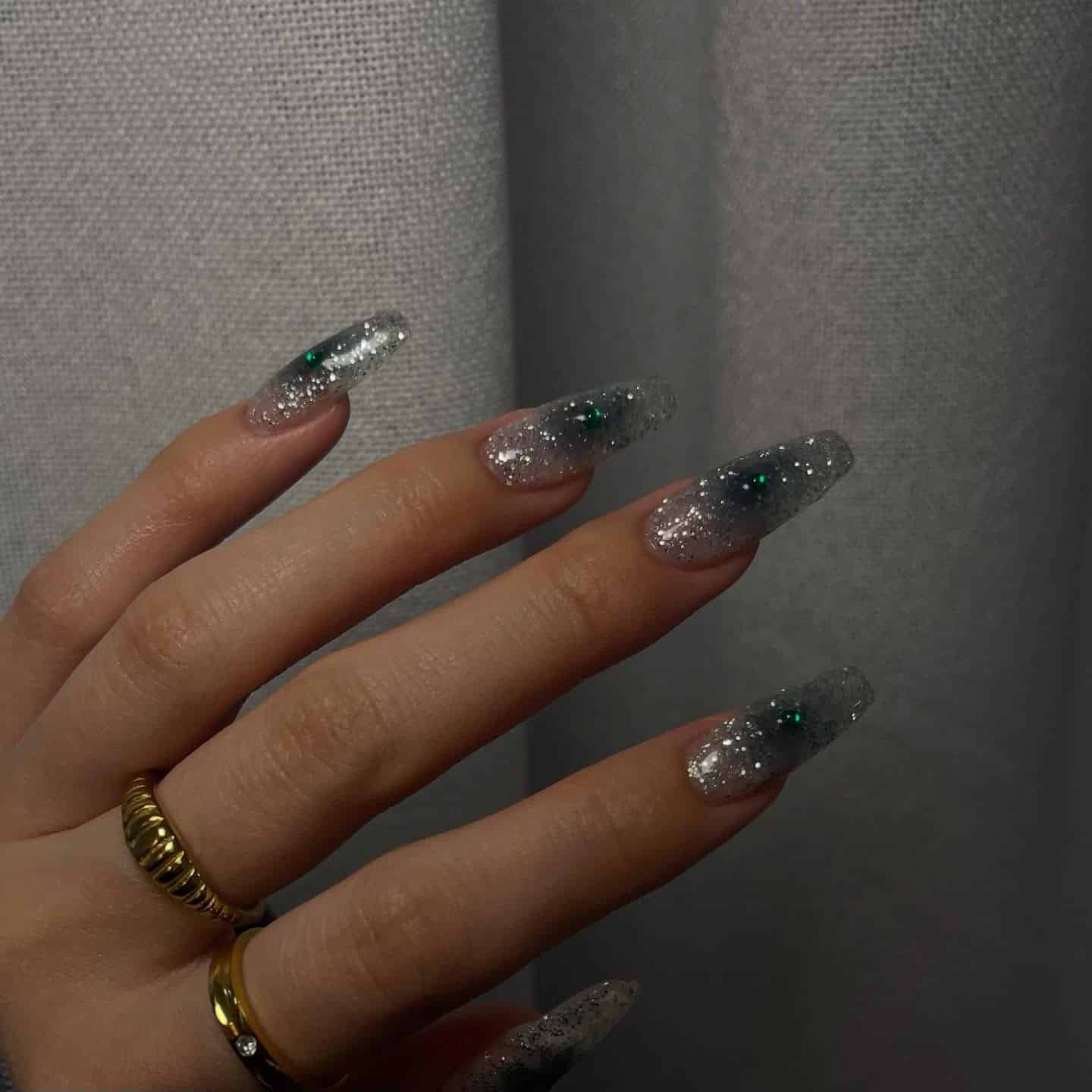 12. Clear Silver Glitter Coffin Nails - silver glitter nail ideas