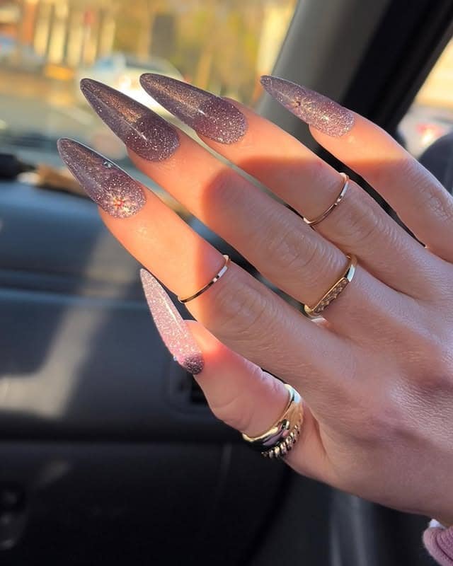 15. Smoky Mauve Stiletto Nails with Silver Shimmer - silver glitter nail ideas
