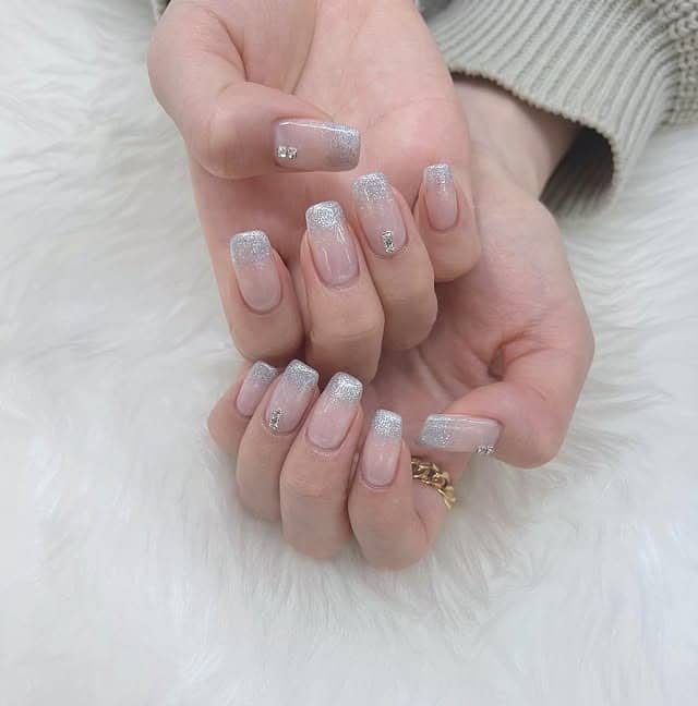 16. Sheer Pink Square Nails with Silver Glitter Tips - silver glitter nail ideas