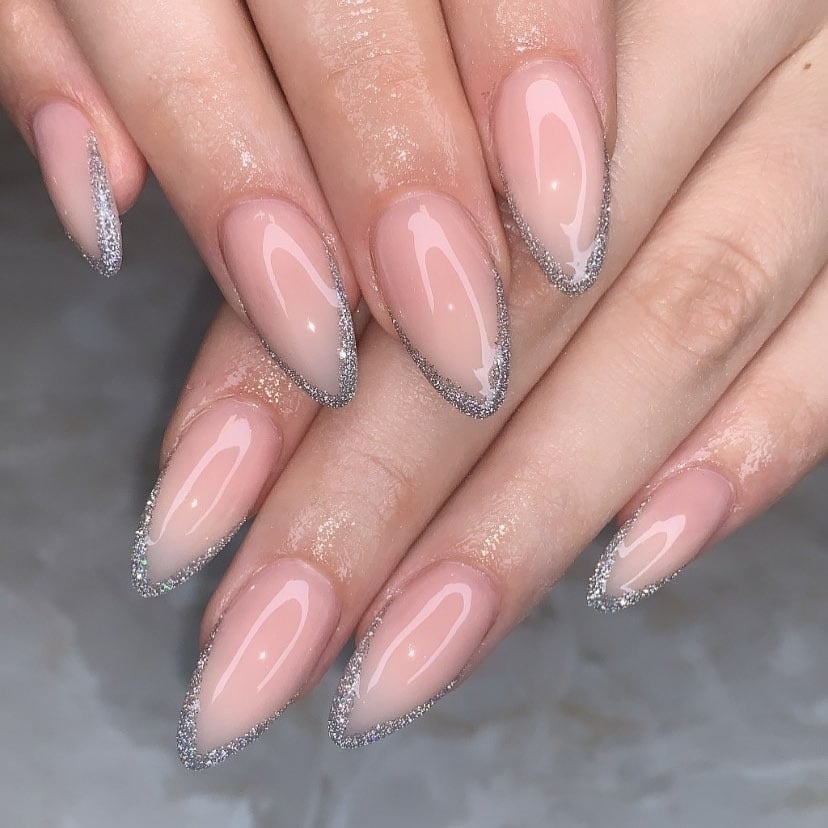 17. Almond Pink Nails with Silver Glitter Outlines - silver glitter nail ideas