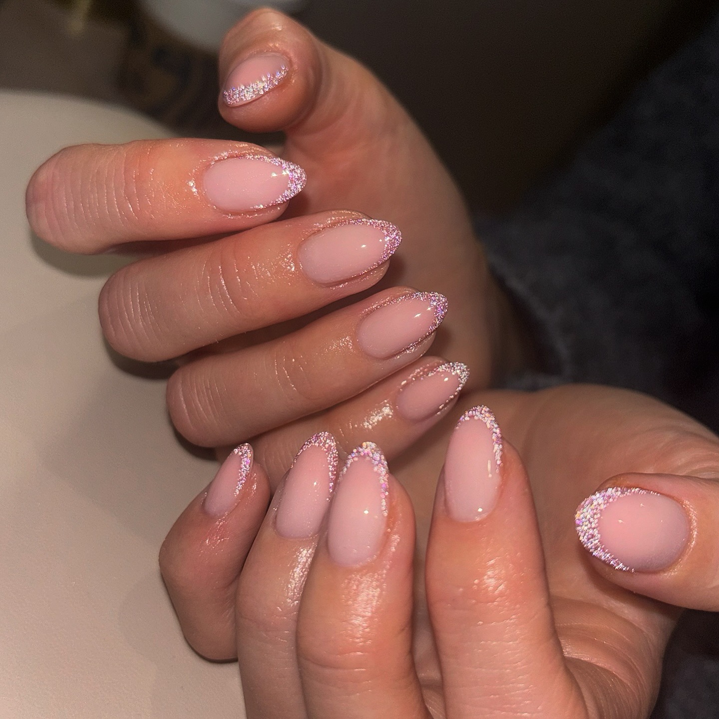 20. Blush Almond Nails with Silver Glitter Edging - silver glitter nail ideas
