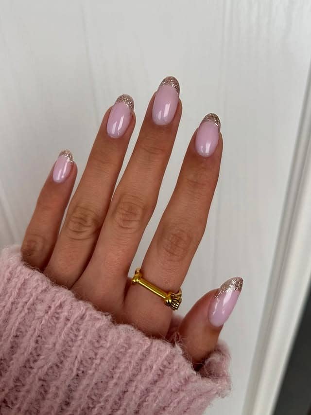 21. Soft Pink Almond Nails with Silver Glitter Tips - silver glitter nail ideas