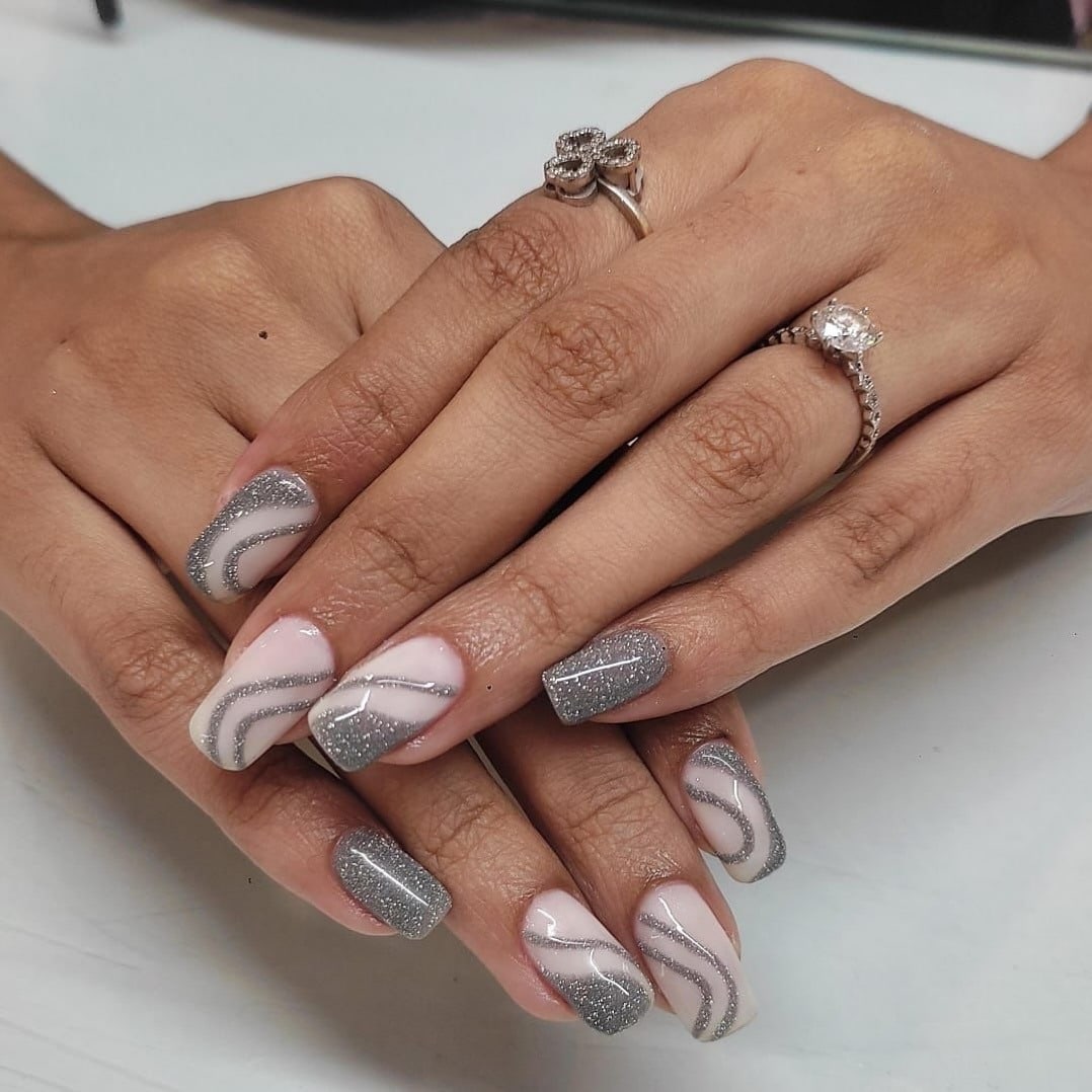 22. Blush Square Nails with Silver Glitter Wave Design - silver glitter nail ideas