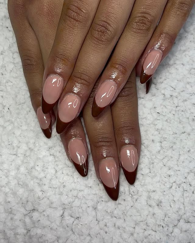 4. Brown French Tip Almond Nails - simple brown nail ideas