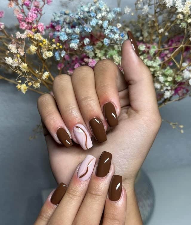 6. Neutral Brown Mixed Accent Nails - simple brown nail ideas