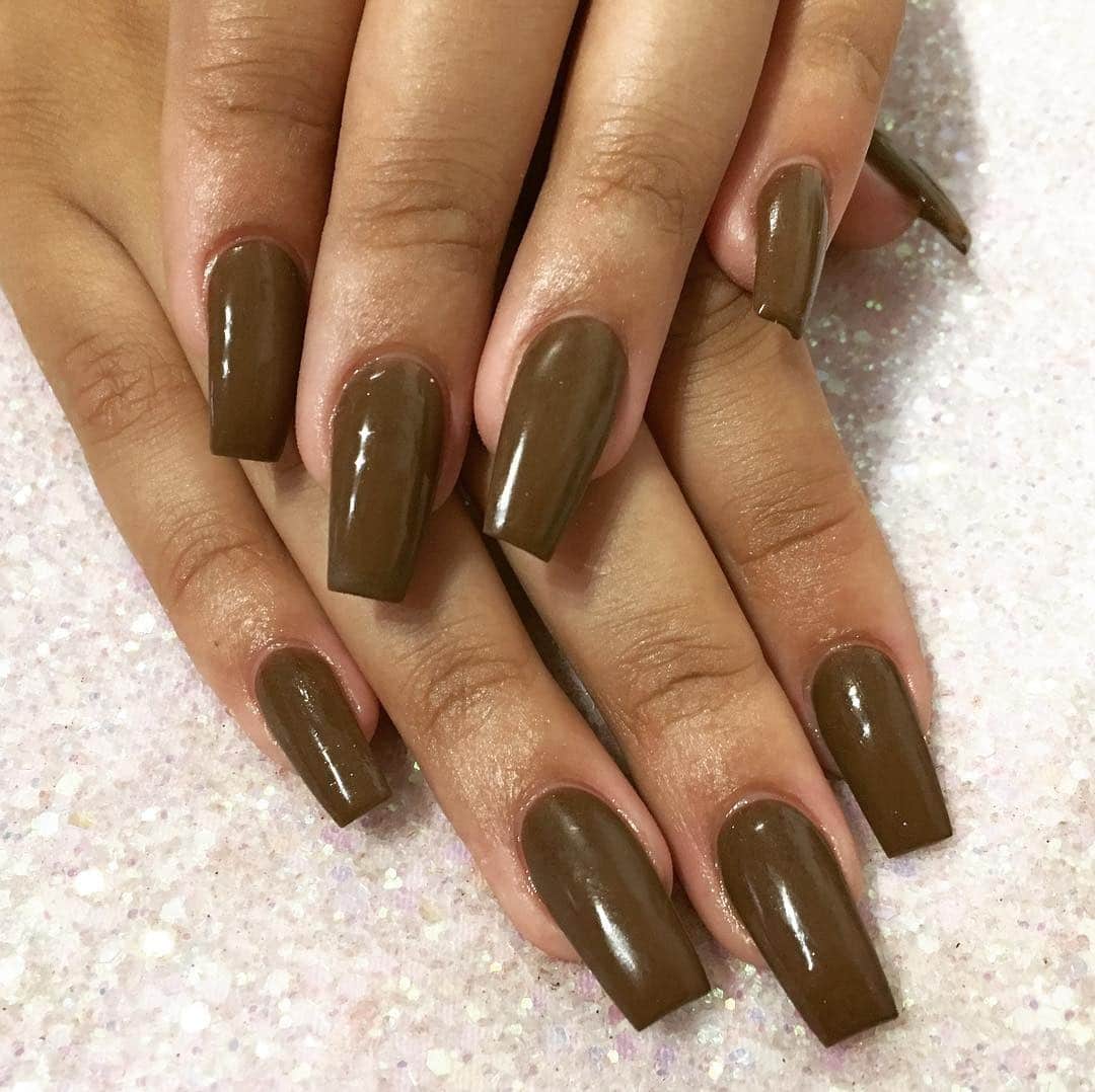 13. Olive Brown Tapered Square Nails - simple brown nail ideas