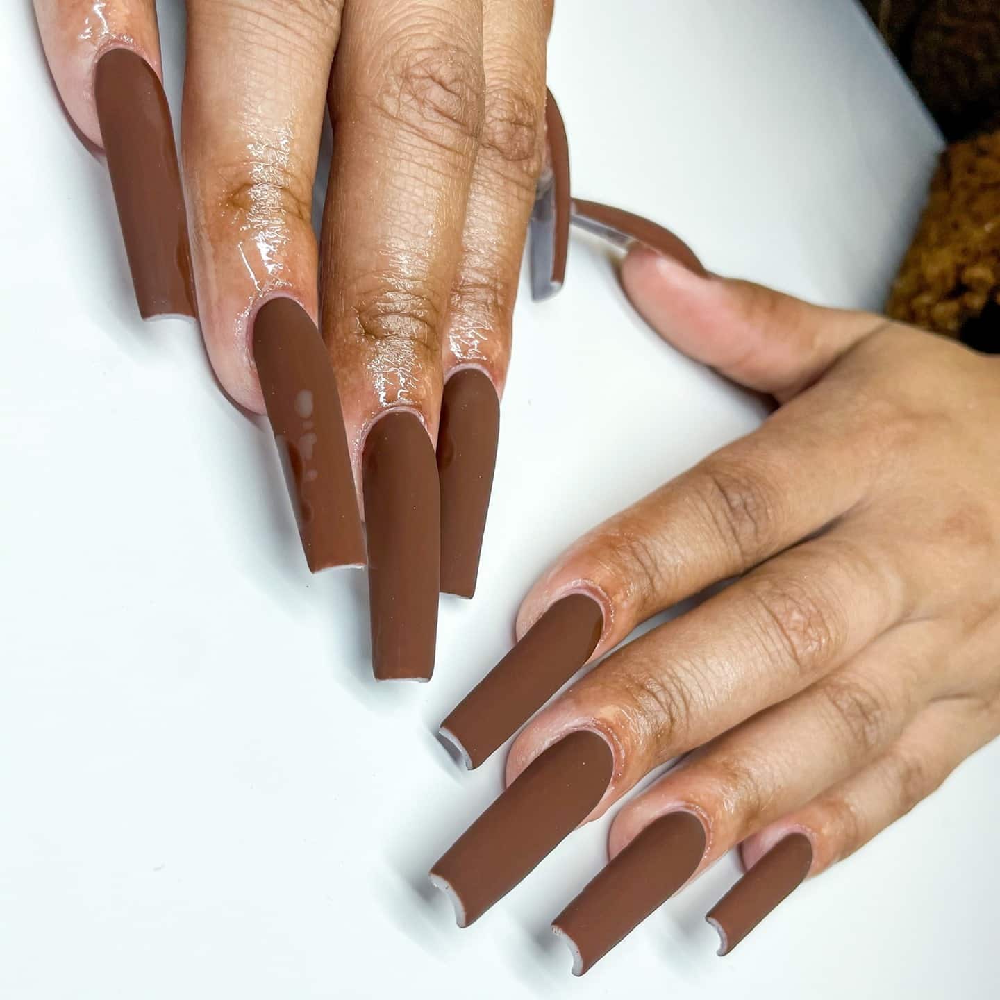 16. Matte Chocolate Coffin Nails - simple brown nail ideas