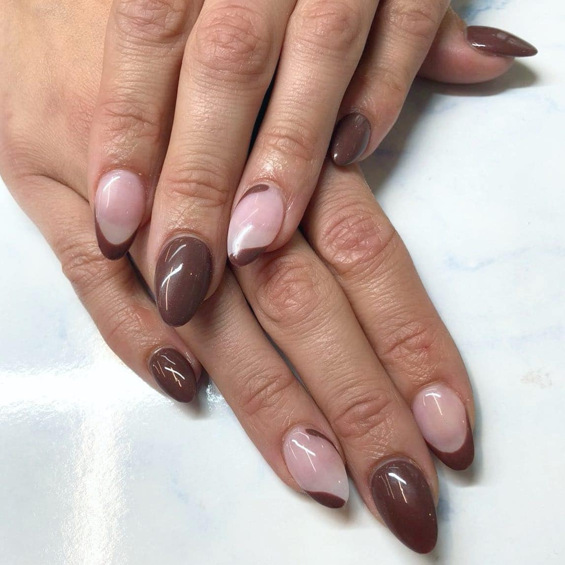21. Brown French Tip Almond Nails - simple brown nail ideas