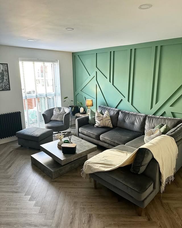 2. Modern Geometry in Soft Sage - sage green living room ideas