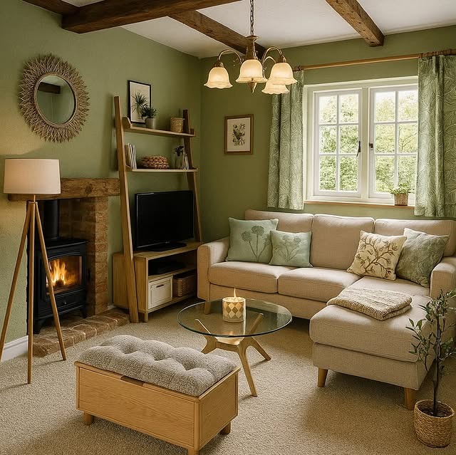 9. Rustic Warmth with Sage Walls - sage green living room ideas