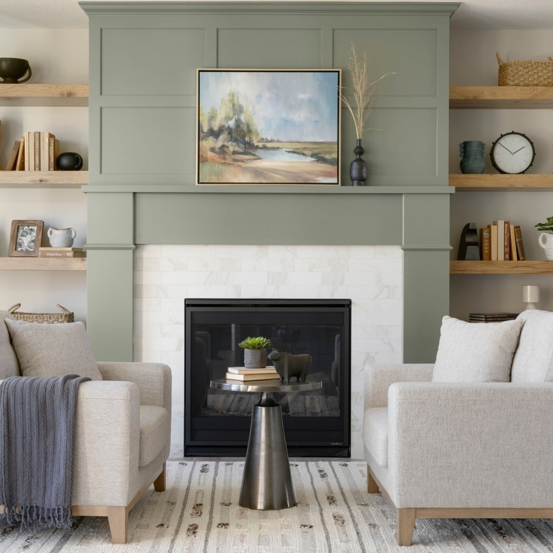 12. Tailored Sage Fireplace Feature - sage green living room ideas
