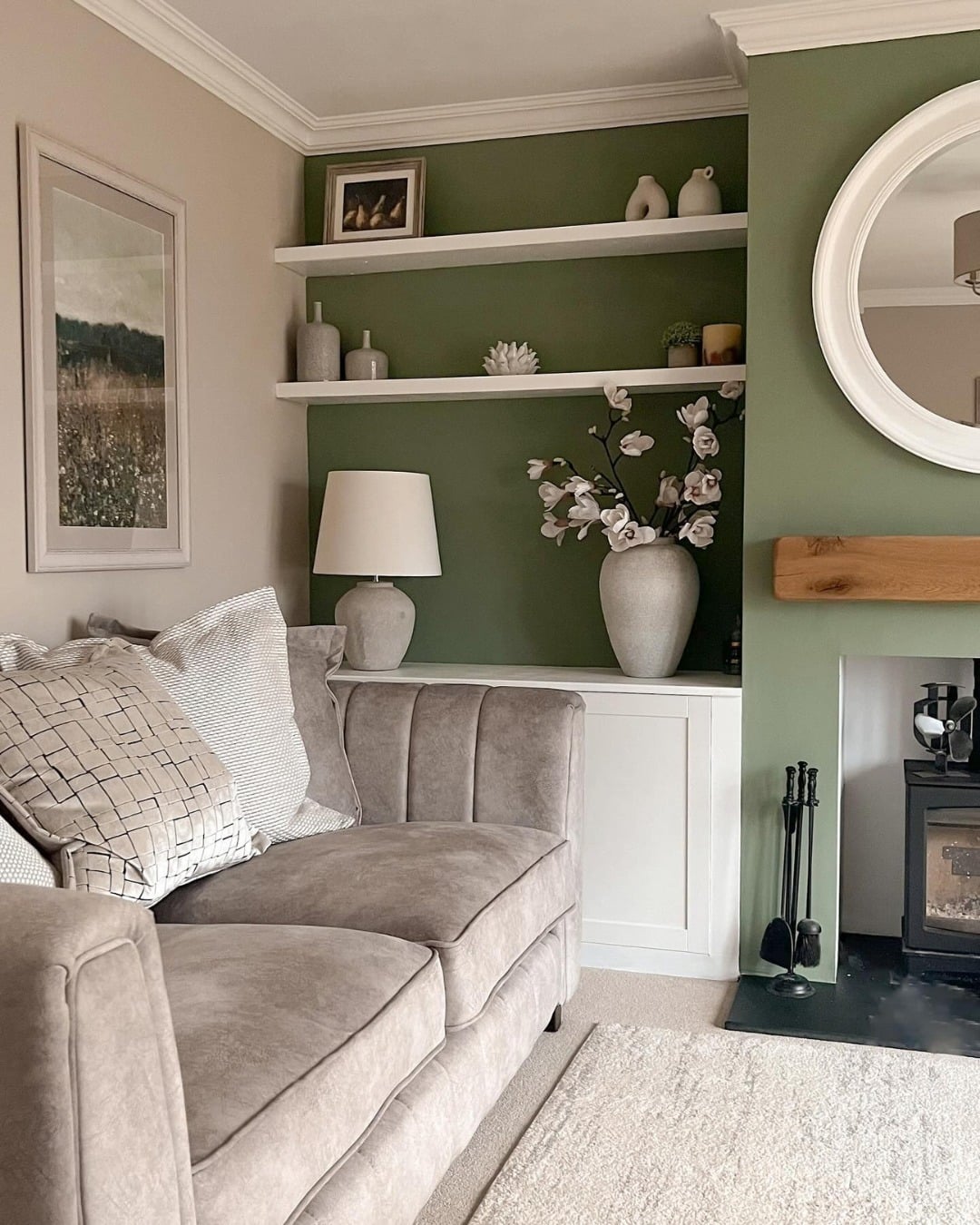 13. Soft Sage Built-In Comfort - sage green living room ideas