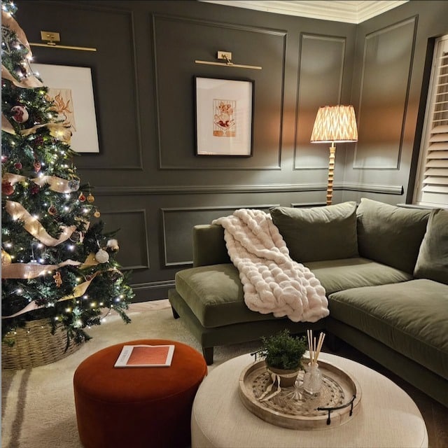 16. Deep Sage Panelled Living Room - sage green living room ideas