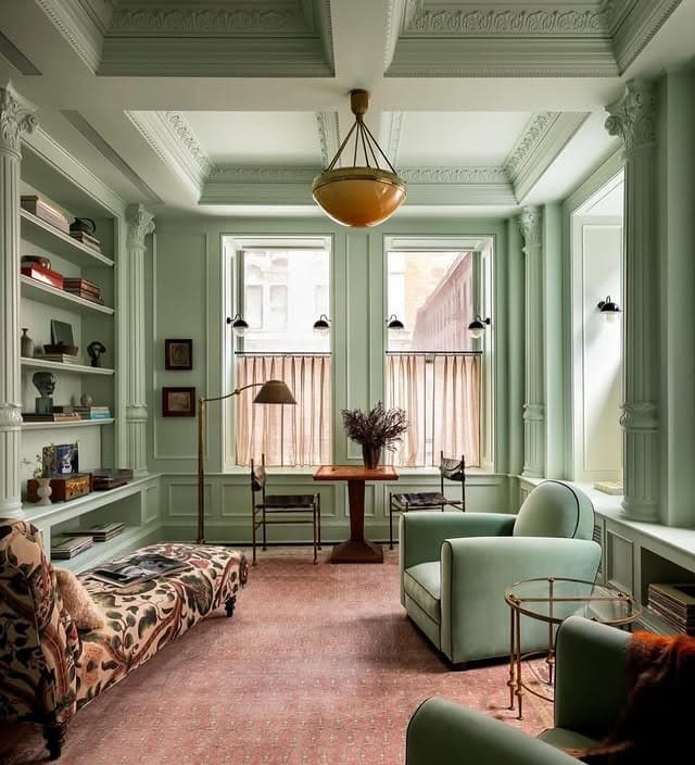 17. Classic Sage Green with Decorative Molding - sage green living room ideas