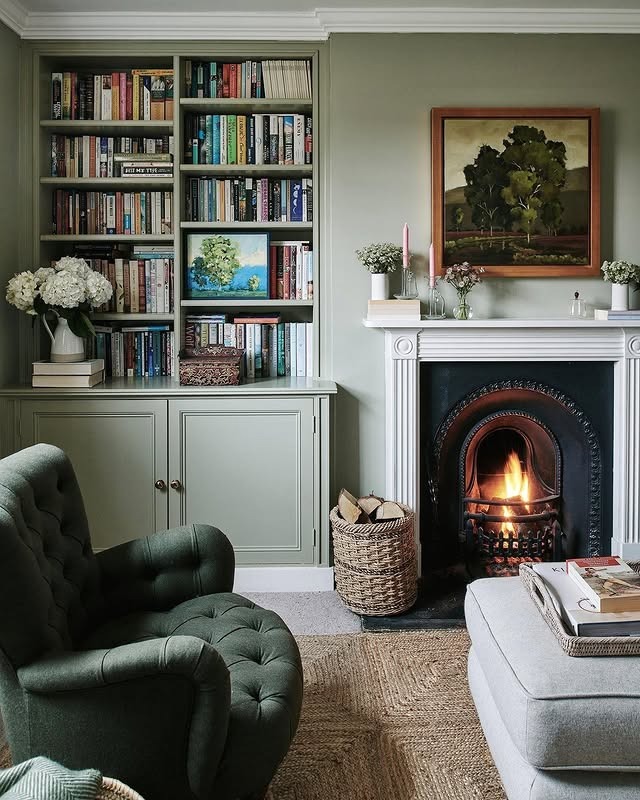 20. Elegant Sage Green Library Living Room - sage green living room ideas