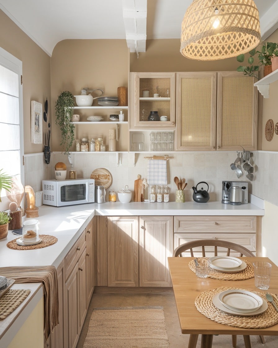 3. Light Wood and Cream Kitchen with Organic Textures - small cozy kitchen ideas