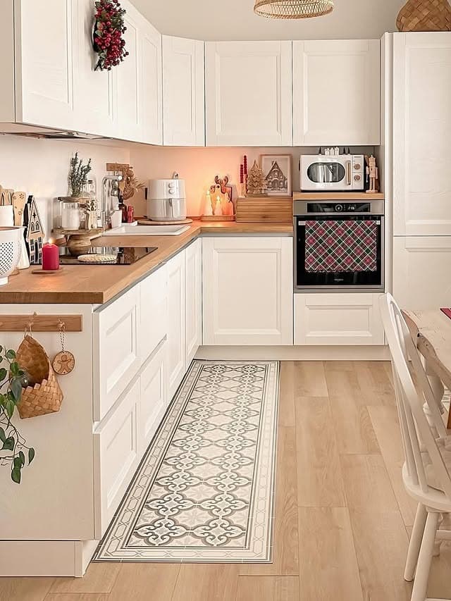 7. Bright White Kitchen with Light Wood and Soft Green Styling - small cozy kitchen ideas