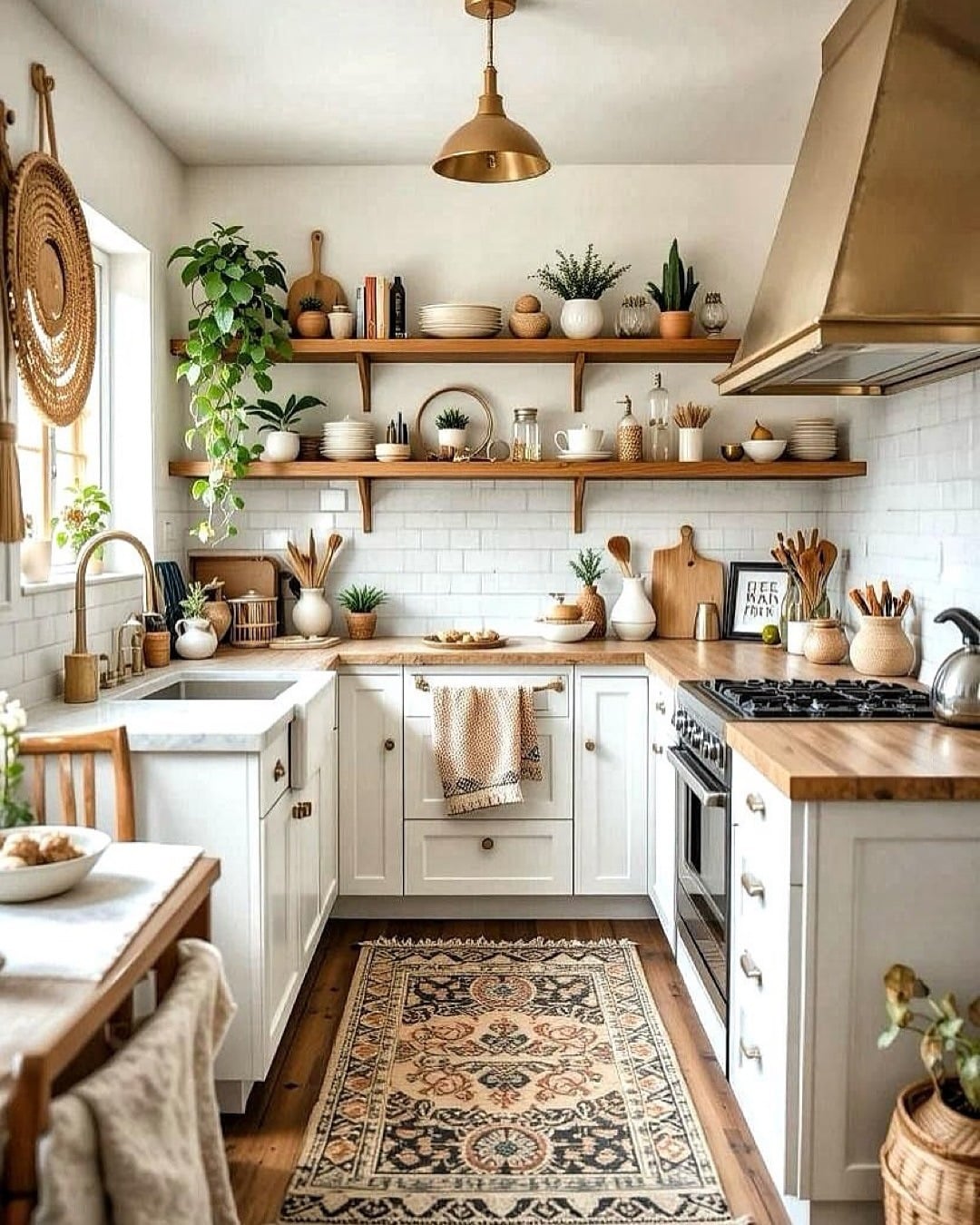 13. White and Warm Wood Kitchen with Brass Accents - small cozy kitchen ideas