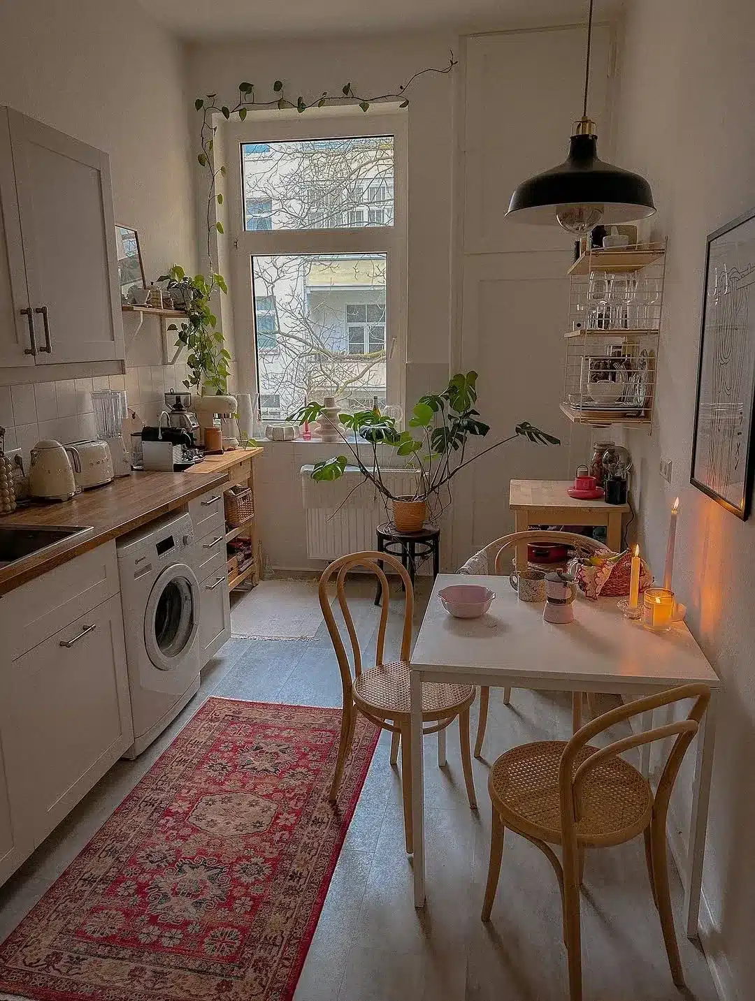 16. Small Dining Kitchen with White and Light Wood Finishes - small cozy kitchen ideas