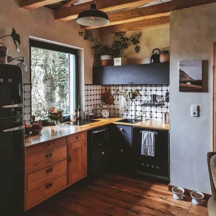 17. Rustic Modern Kitchen with Wood Cabinets and Patterned Backsplash - small cozy kitchen ideas