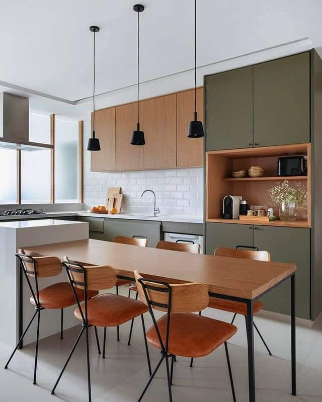 21. Modern Wood and Olive Kitchen with Integrated Dining - small cozy kitchen ideas