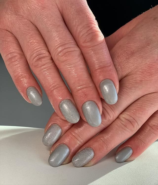 5. Metallic Light Grey Short Oval Nails - simple grey nail ideas
