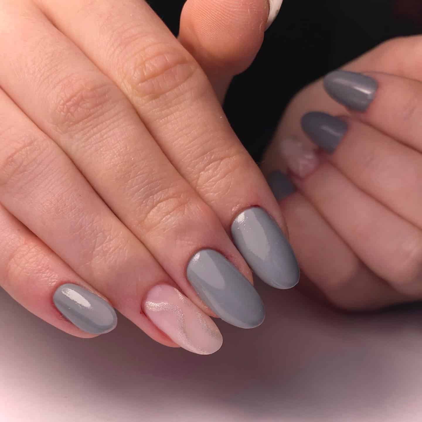 6. Muted Grey Almond Nails with Soft Blush Accent - simple grey nail ideas