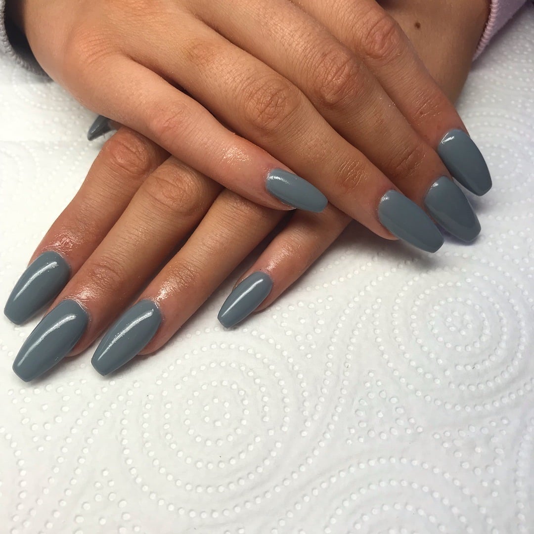 7. Dusty Blue-Grey Coffin Nails - simple grey nail ideas