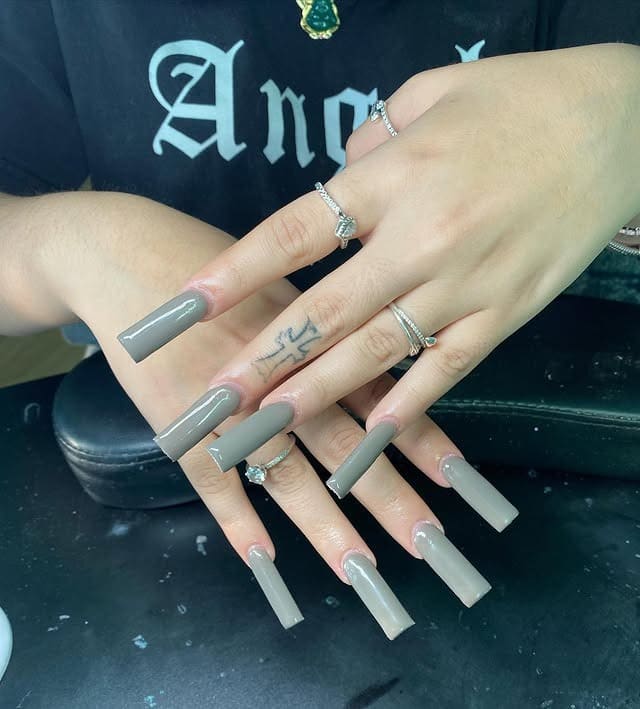 11. Long Square Cement Grey Nails - simple grey nail ideas