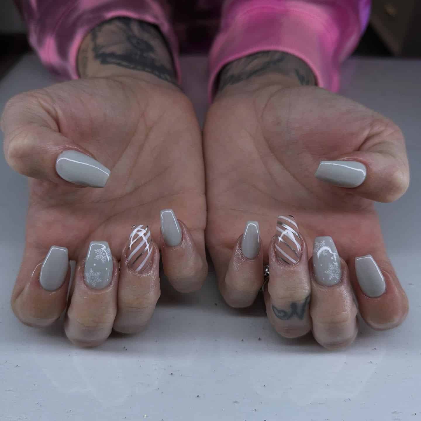 12. Soft Grey Coffin Nails with White Line Art - simple grey nail ideas