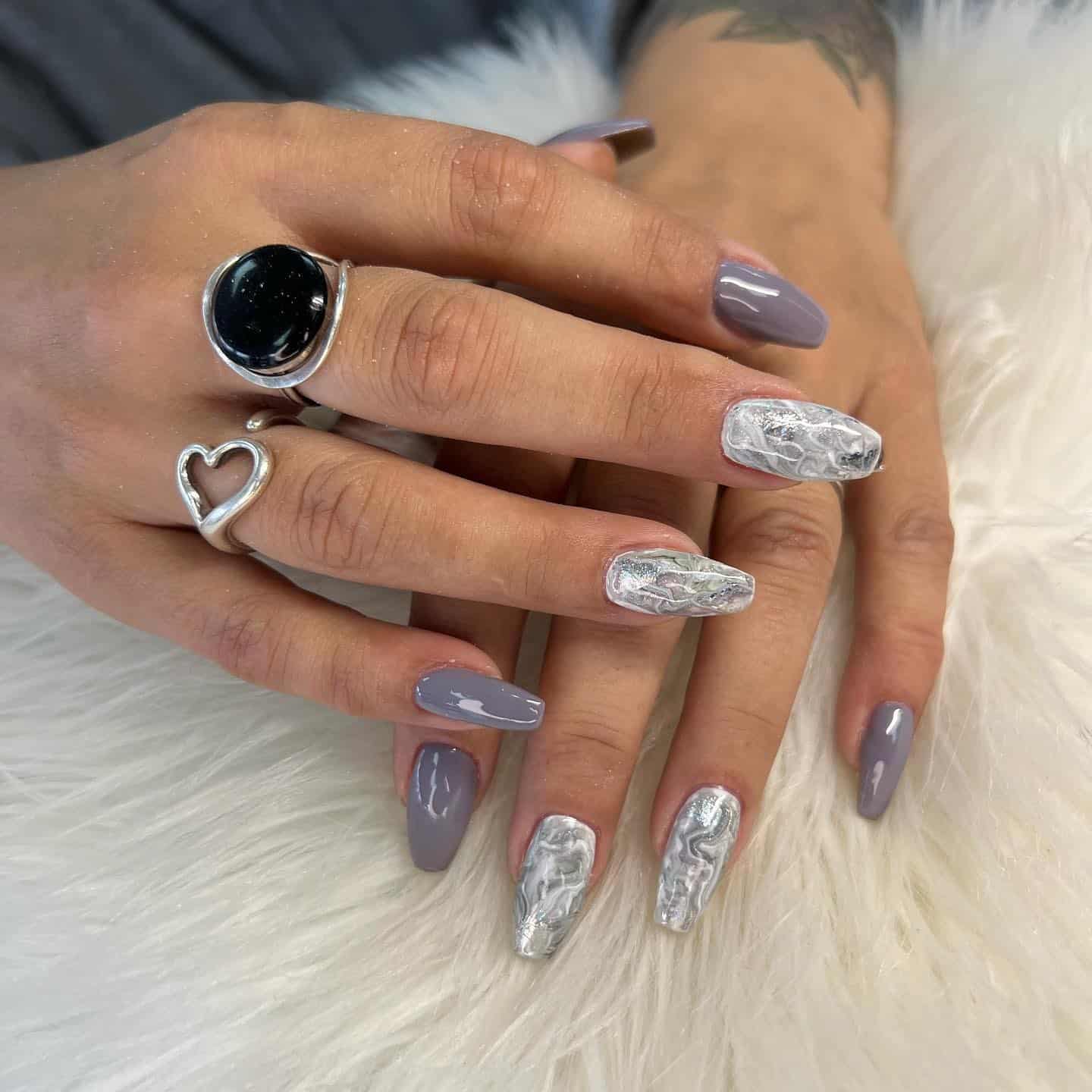 13. Grey Almond Nails with Silver Foil Accents - simple grey nail ideas