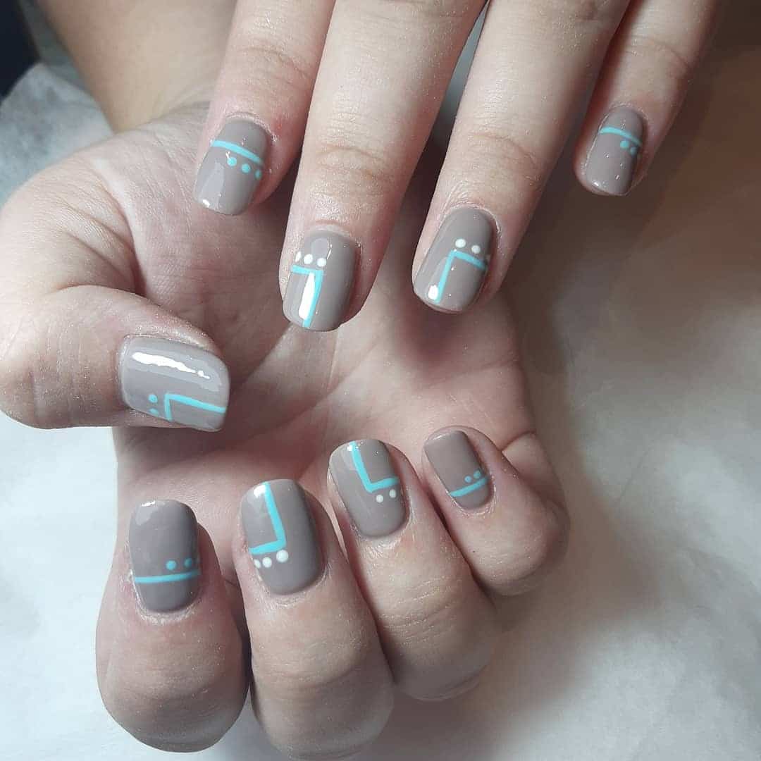 14. Taupe Grey Short Nails with Teal Graphic Lines - simple grey nail ideas