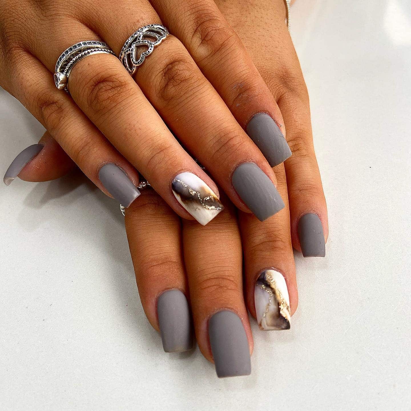16. Matte Grey Square Nails with Marble Accent - simple grey nail ideas