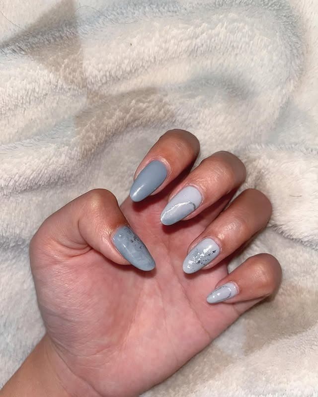 21. Soft Blue-Grey Almond Nails with Subtle Foil Detail - simple grey nail ideas