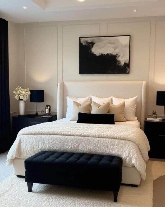 1. Modern Black & White Hotel-Inspired Retreat - black, white and gray bedroom ideas