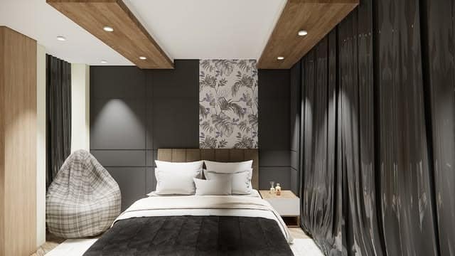 2. Graphic Gray Bedroom With Architectural Contrast - black, white and gray bedroom ideas