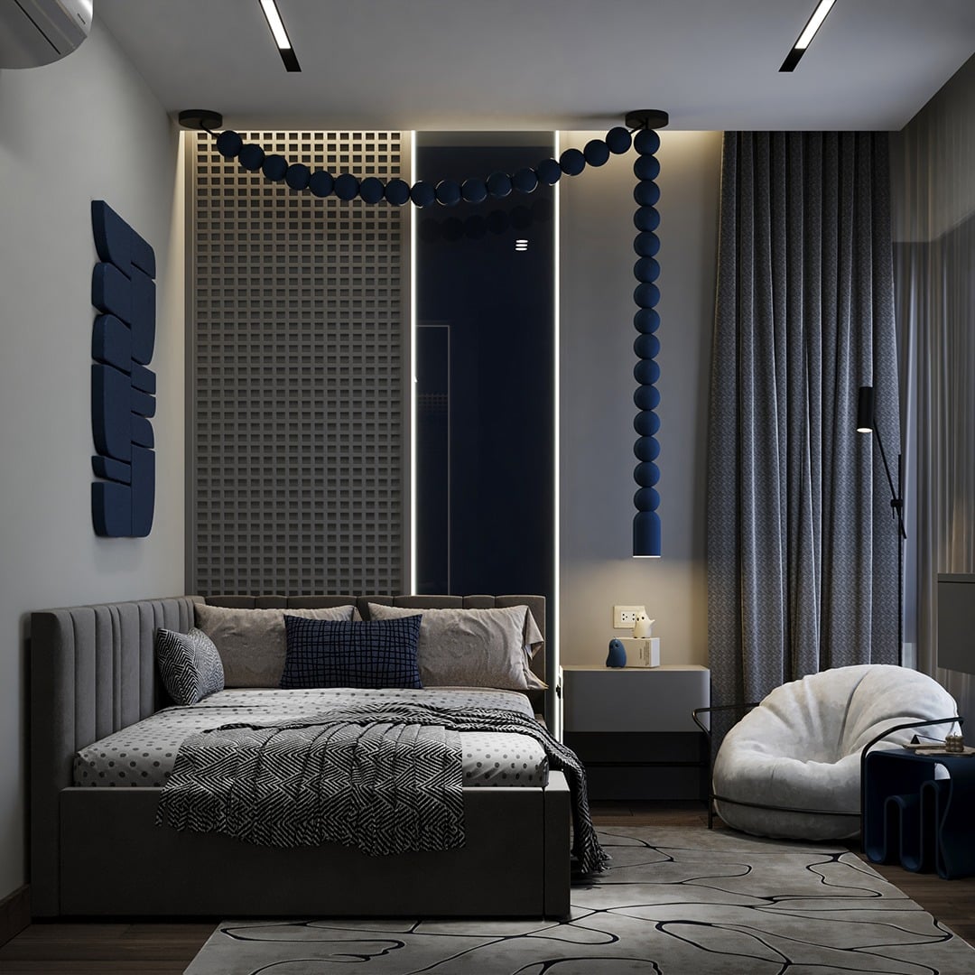 3. Contemporary Gray Bedroom With Sculptural Lighting - black, white and gray bedroom ideas