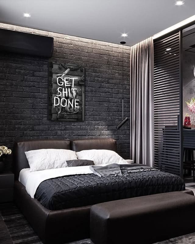 9. Dark Gray Bedroom With Statement Wall Art - black, white and gray bedroom ideas