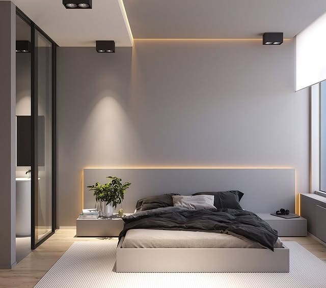 11. Minimal Gray Bedroom With Integrated Lighting - black, white and gray bedroom ideas