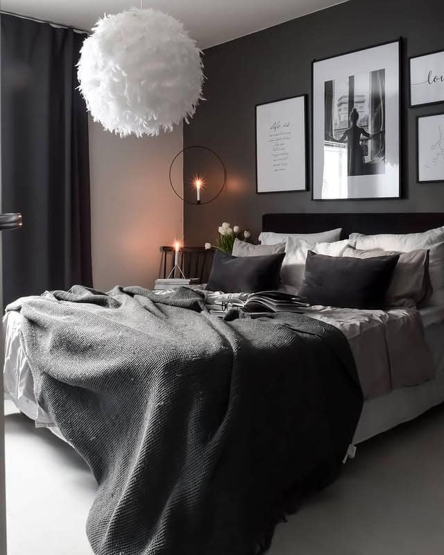 14. Black and White Bedroom With Statement Lighting - black, white and gray bedroom ideas