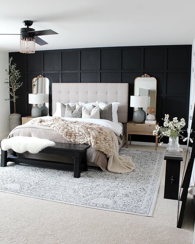 18. Classic Black Panel Bedroom With Soft Neutrals - black, white and gray bedroom ideas