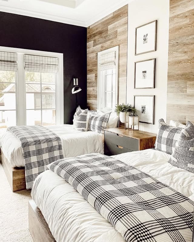 19. Black, White, and Wood Twin Bedroom Design - black, white and gray bedroom ideas
