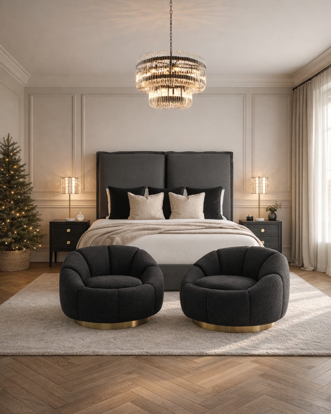 21. Elegant Gray Bedroom With Soft Glam Accents - black, white and gray bedroom ideas