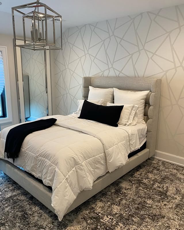 22. Modern White and Gray Bedroom With Geometric Detail - black, white and gray bedroom ideas