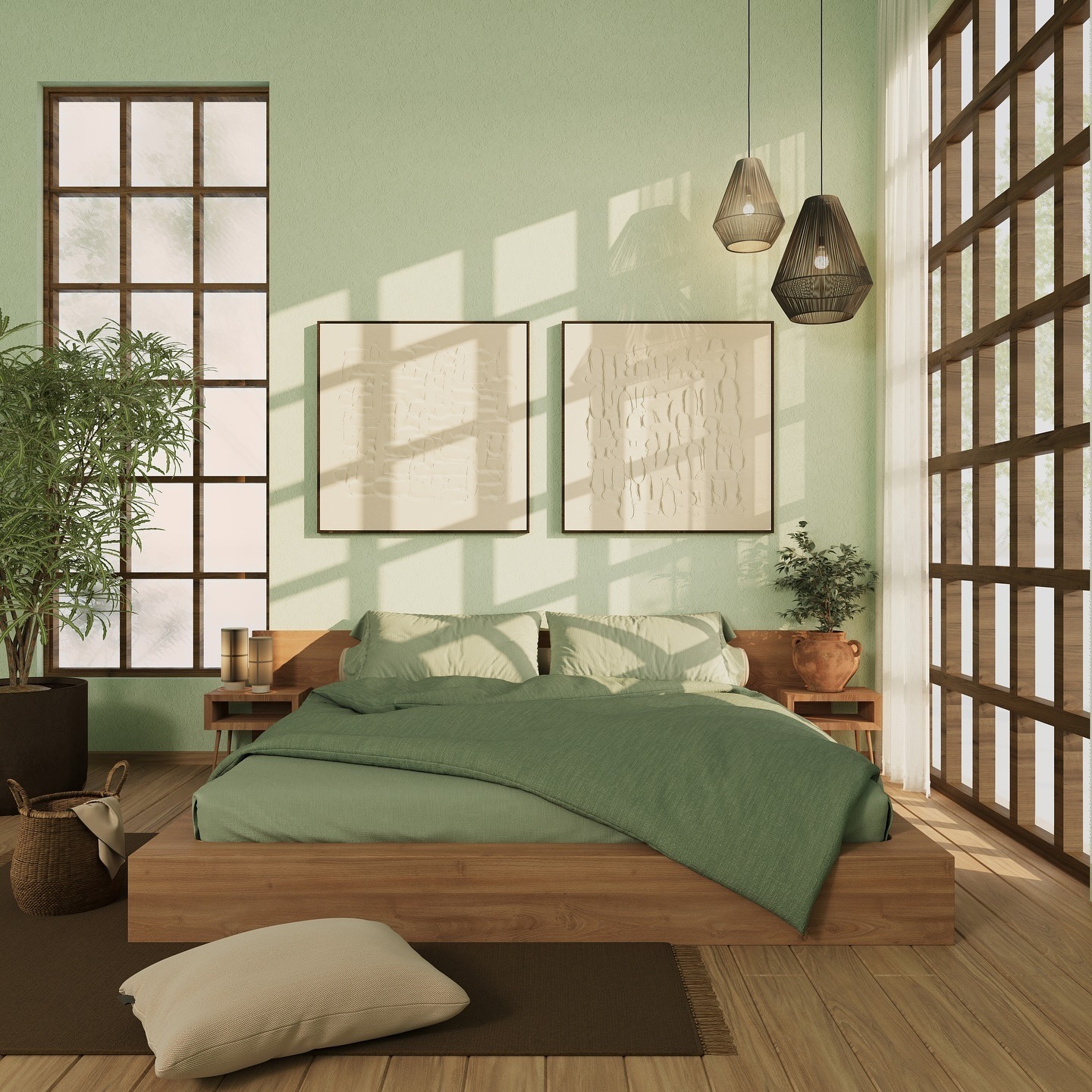 4. Modern Organic Green Sanctuary - light green bedroom ideas