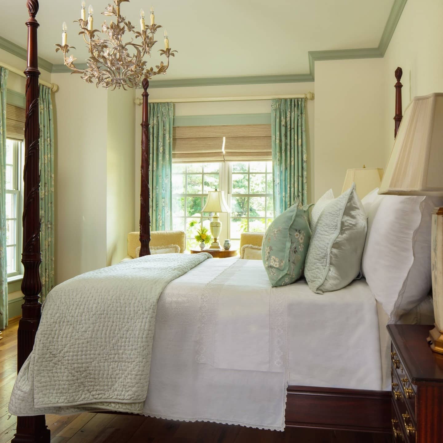 5. Classic Canopy Bedroom in Soft Green - light green bedroom ideas