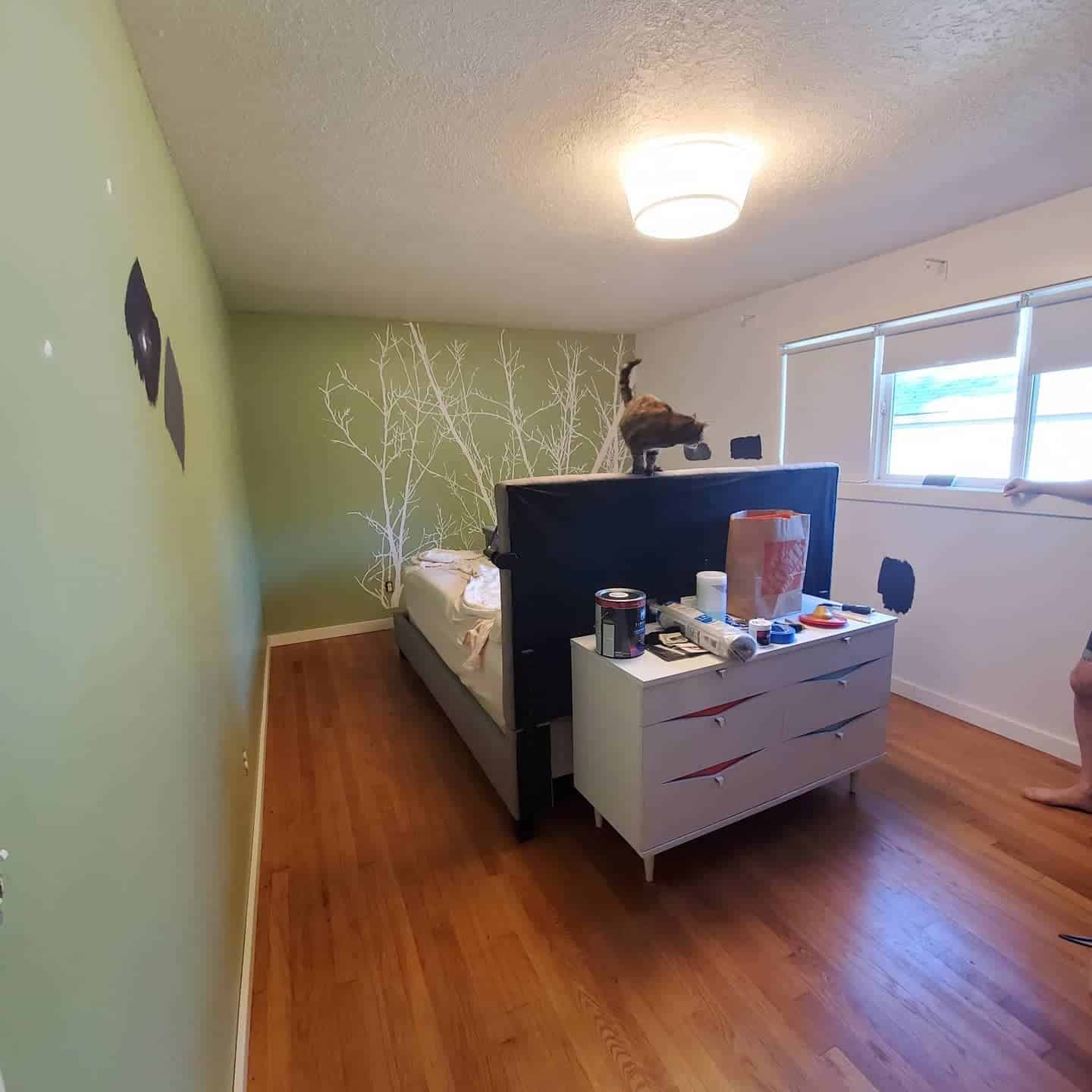 6. Playful Green Accent Bedroom with Mural Detail - light green bedroom ideas