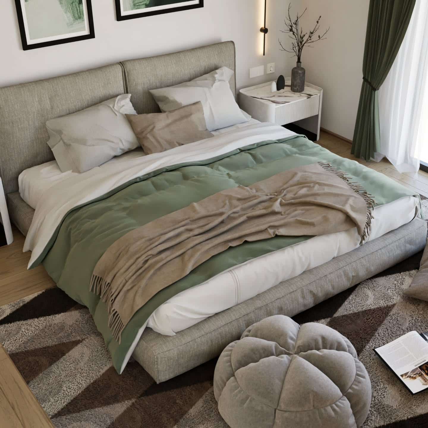 10. Neutral Green Bedroom with Layered Textures - light green bedroom ideas
